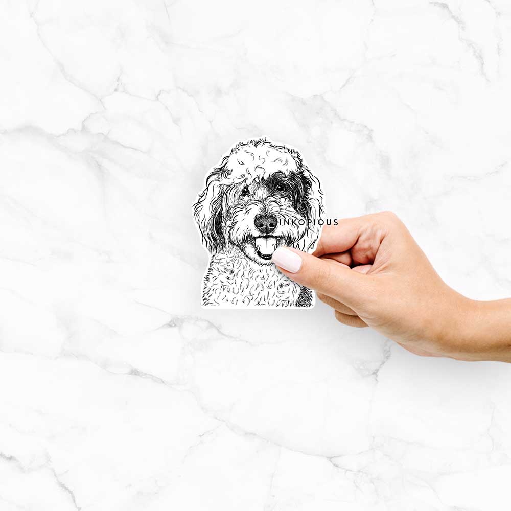 Hand-drawn sketch of Sherlock the Sheepadoodle on a decal sticker