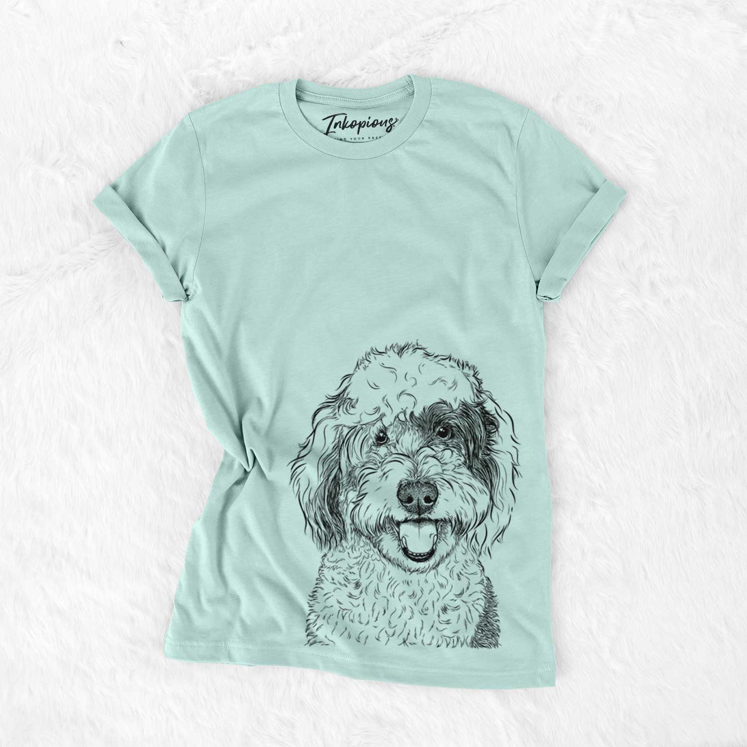 Hand-drawn sketch of Sherlock the Sheepadoodle on a Heather Sage Bella Canvas Unisex Crewneck