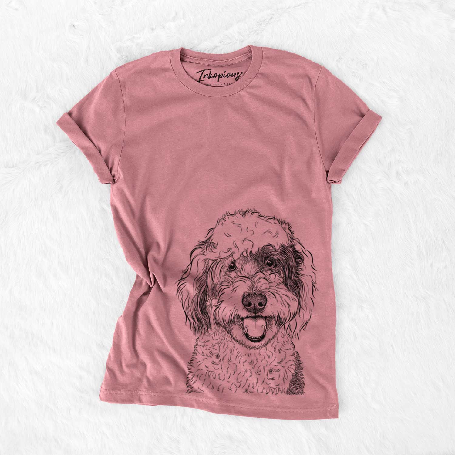 Hand-drawn sketch of Sherlock the Sheepadoodle on a Mauve Bella Canvas Unisex Crewneck