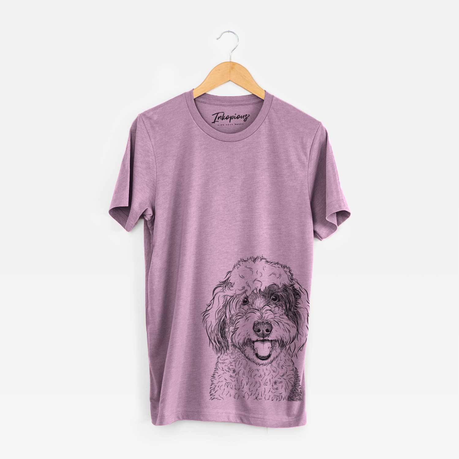 Hand-drawn sketch of Sherlock the Sheepadoodle on an Orchid Bella Canvas Unisex Crewneck