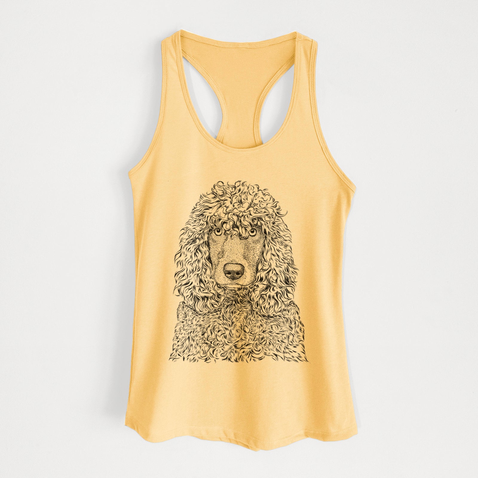 Hand-drawn sketch of Shilo the Irish Water Spaniel on a Banana Cream Women's racerback tanktop