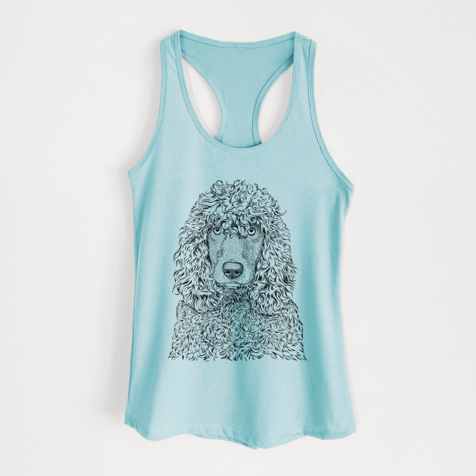 Hand-drawn sketch of Shilo the Irish Water Spaniel on a Cancun Blue Women's racerback tanktop