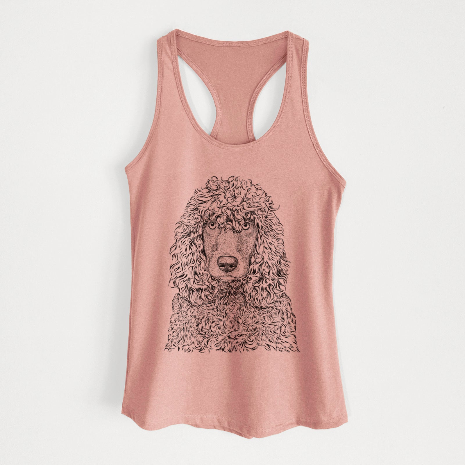 Hand-drawn sketch of Shilo the Irish Water Spaniel on a Desert Pink Women's racerback tanktop