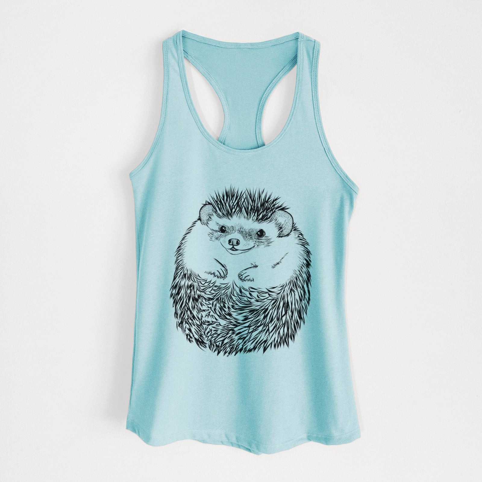 Hand-drawn sketch of Sid the Hedgehog on a Cancun Blue Women's racerback tanktop