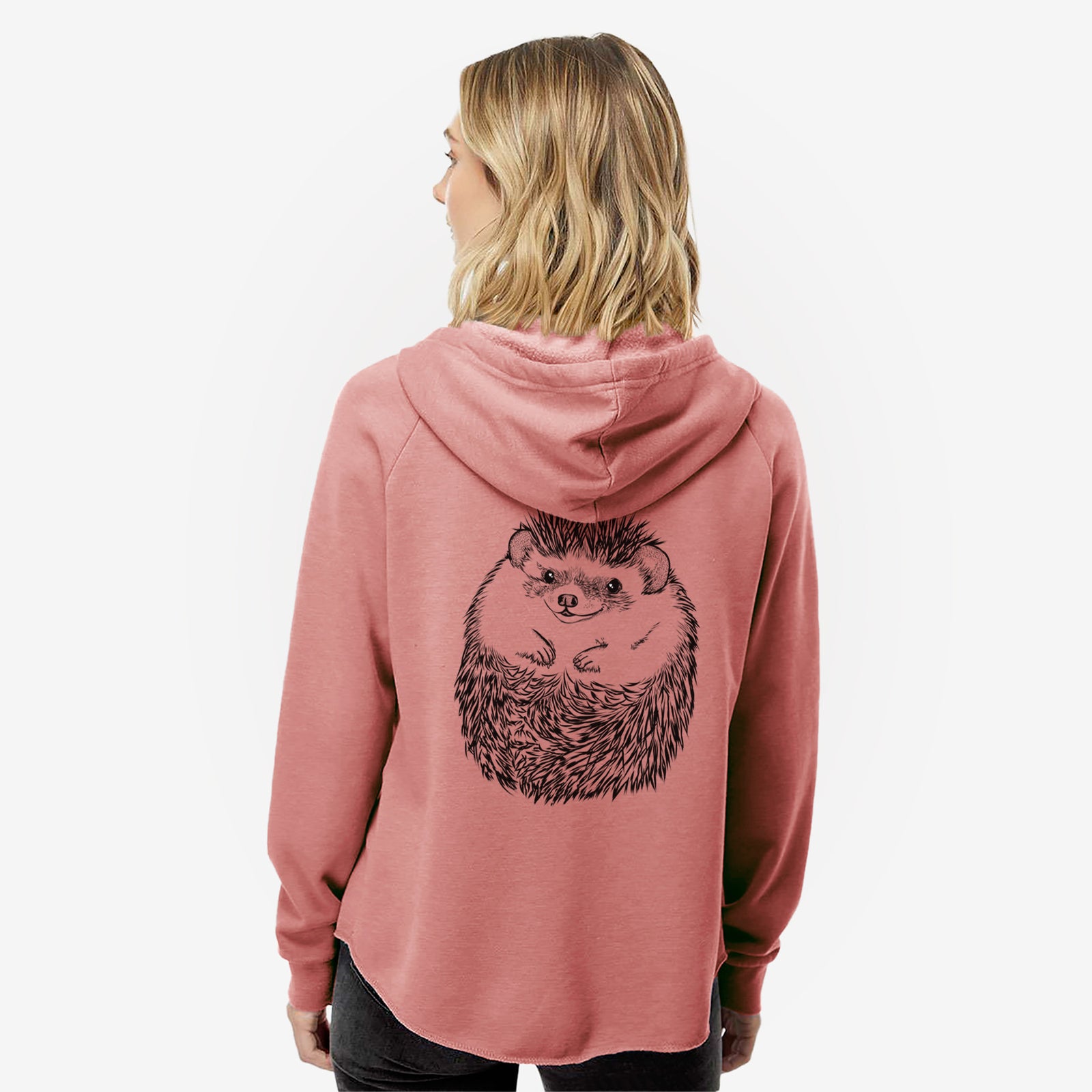 Hand-drawn sketch of Sid the Hedgehog on a Dusty Rose Women's cali wave zip-up sweatshirt