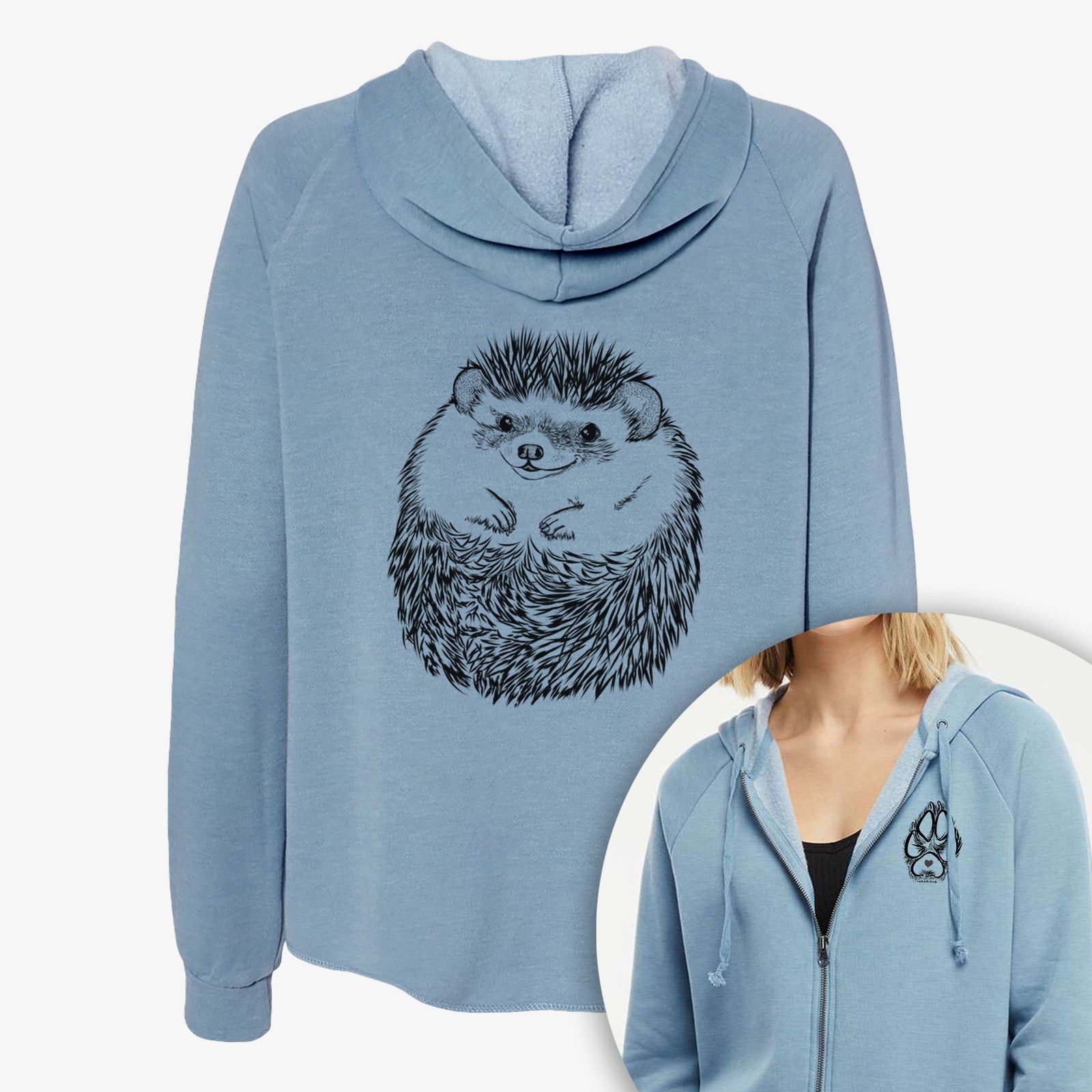 Hand-drawn sketch of Sid the Hedgehog on a Women's cali wave zip-up sweatshirt, shown with icons of the other available costume styles