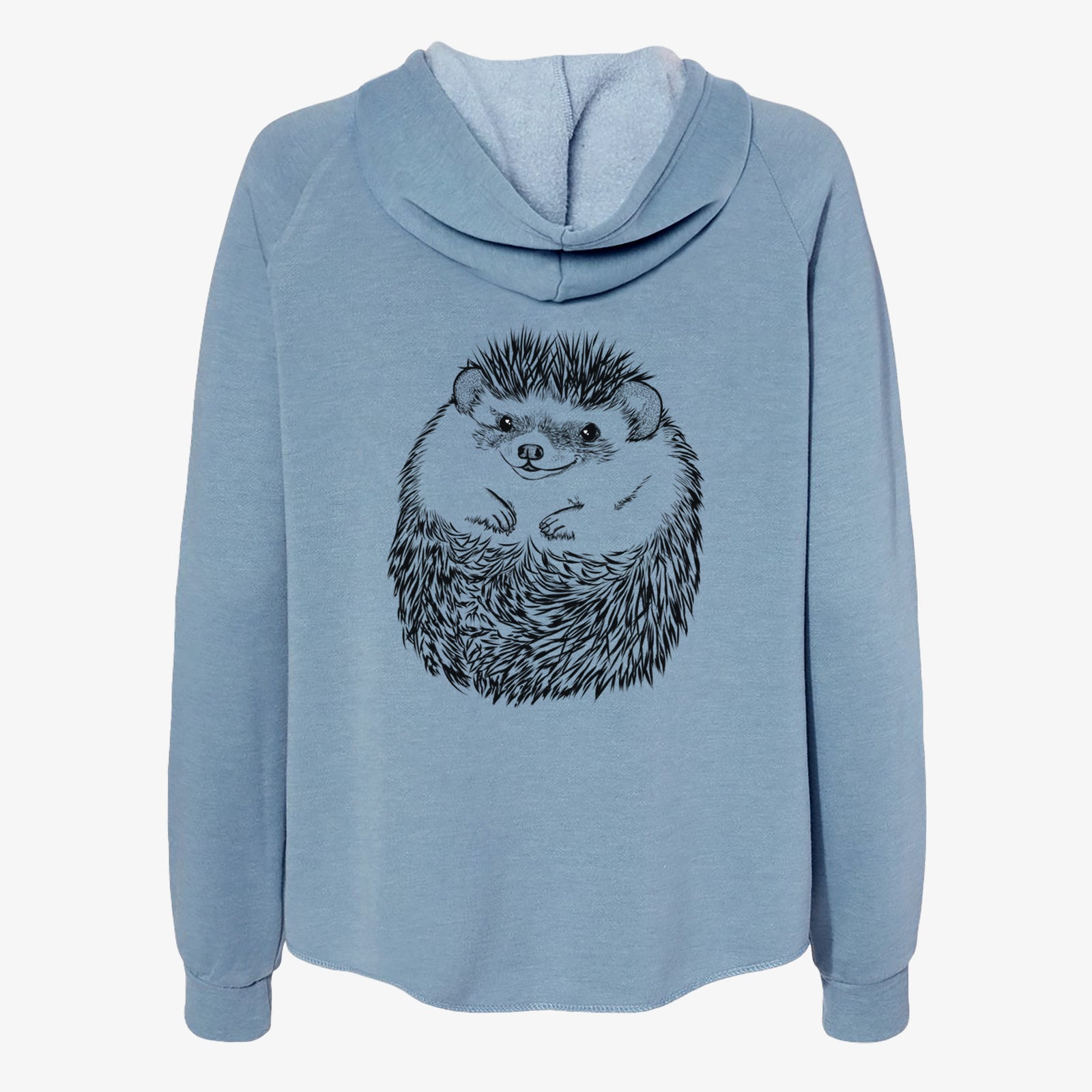 Hand-drawn sketch of Sid the Hedgehog on a Misty Blue Women's cali wave zip-up sweatshirt