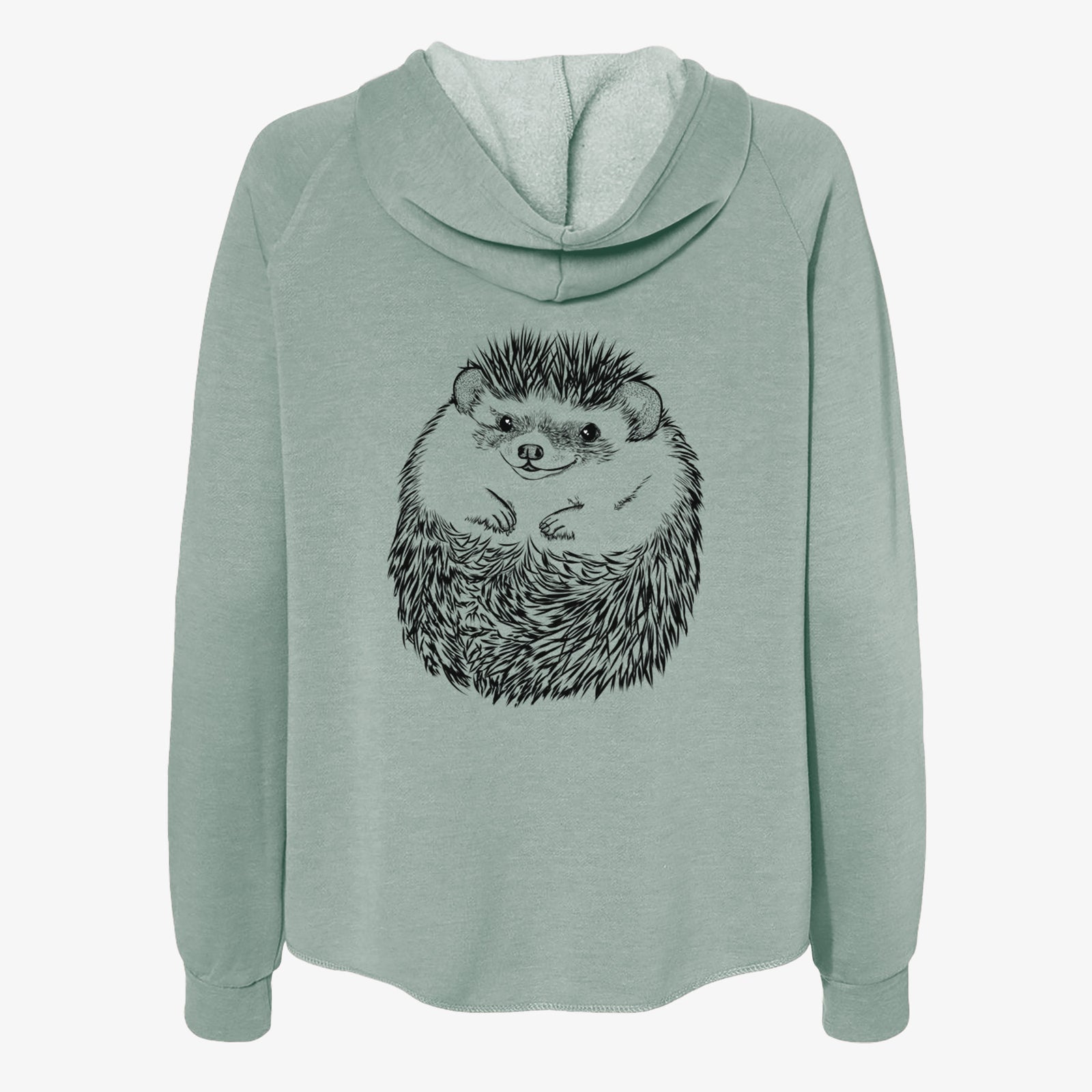 Hand-drawn sketch of Sid the Hedgehog on a Sage Women's cali wave zip-up sweatshirt