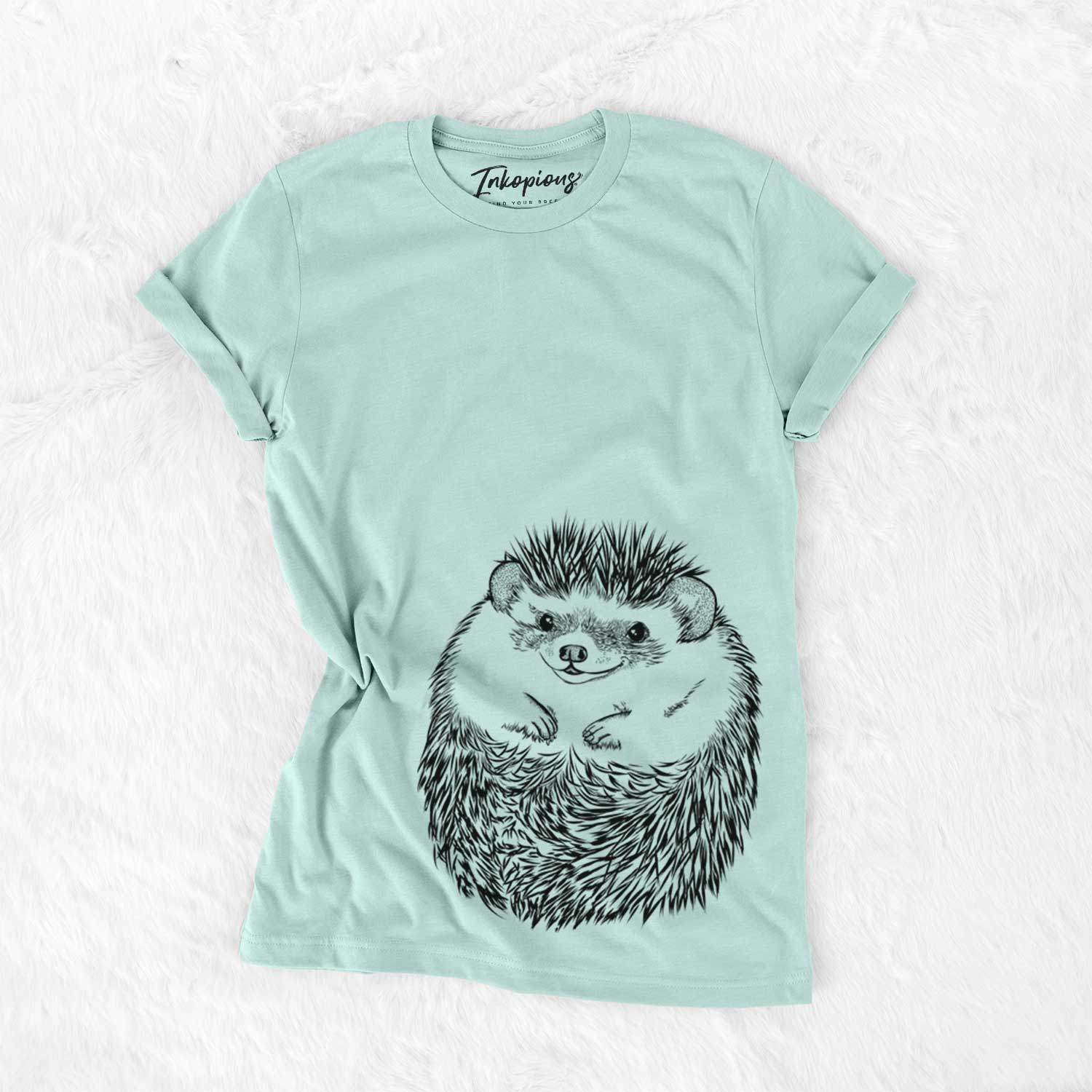 Hand-drawn sketch of Sid the Hedgehog on a Heather Sage Bella Canvas Unisex Crewneck