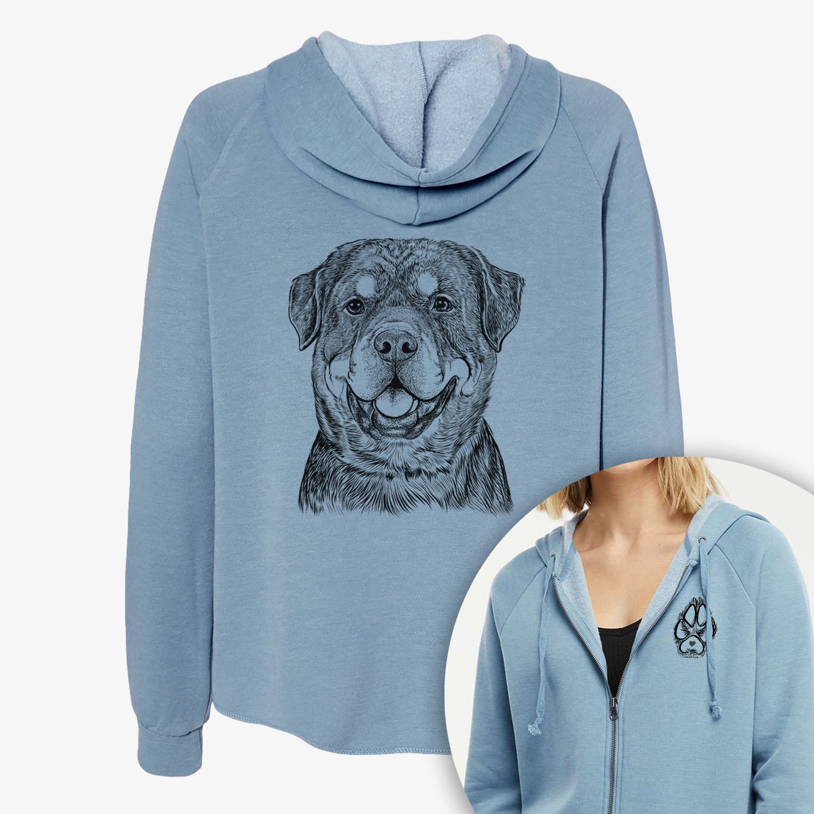 Hand-drawn sketch of Sig the Rottweiler on a Women's cali wave zip-up sweatshirt, shown with icons of the other available costume styles