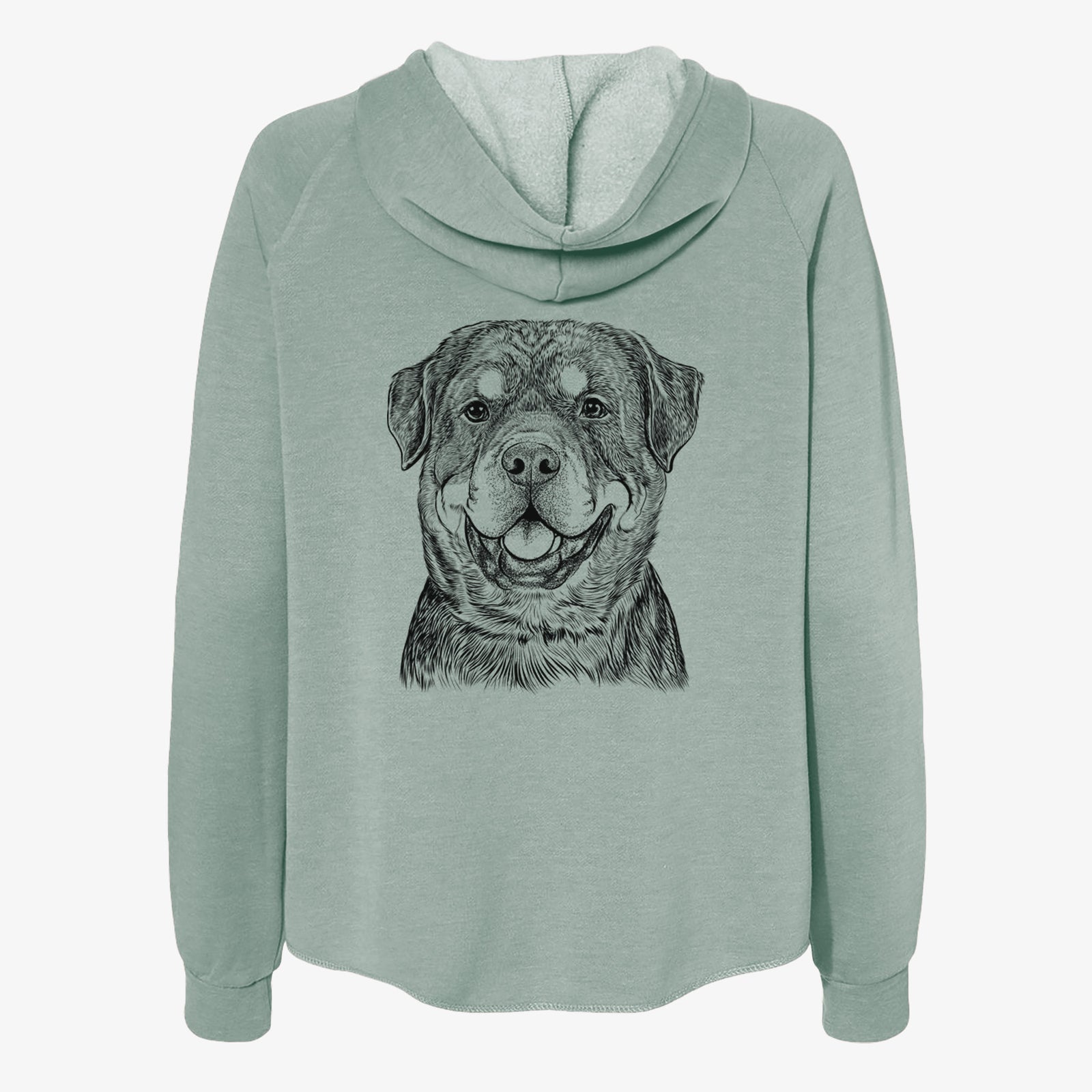 Hand-drawn sketch of Sig the Rottweiler on a Sage Women's cali wave zip-up sweatshirt