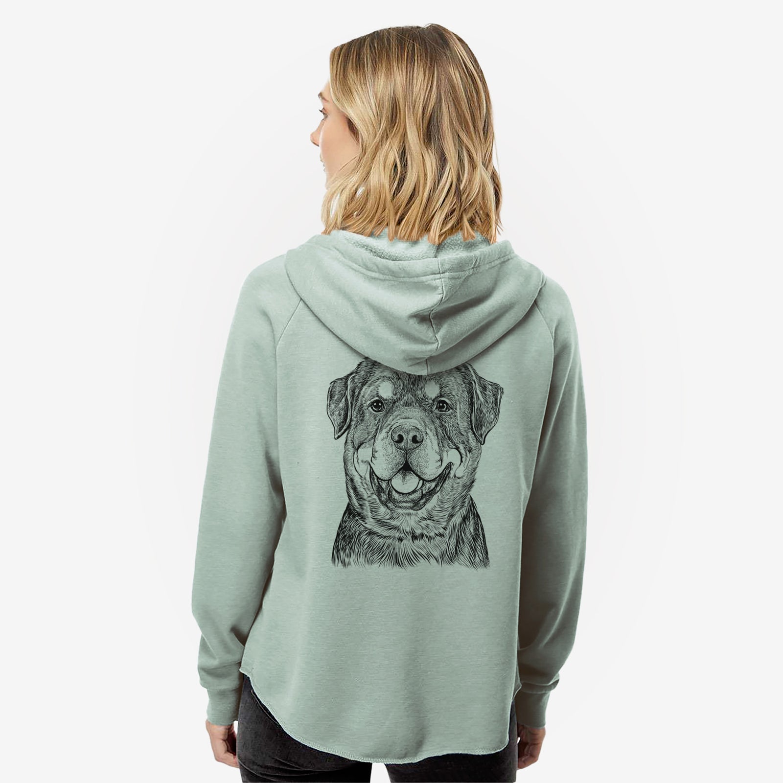 Hand-drawn sketch of Sig the Rottweiler on a Sage Women's cali wave zip-up sweatshirt