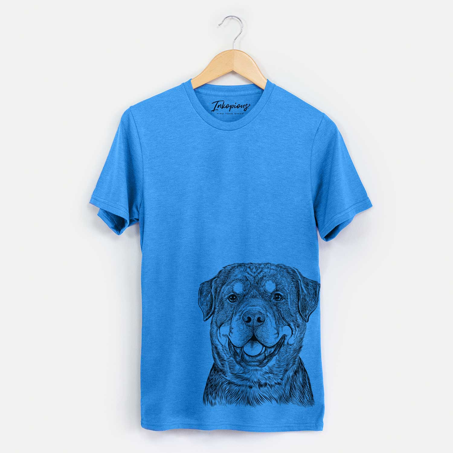 Hand-drawn sketch of Sig the Rottweiler on a Blue Unisex crewneck