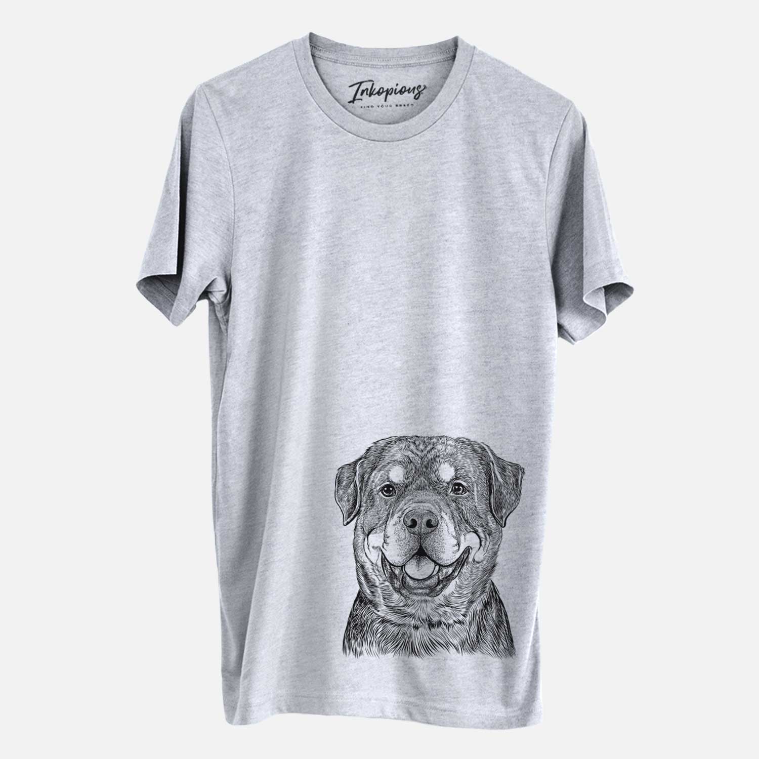 Hand-drawn sketch of Sig the Rottweiler on a Grey Unisex crewneck