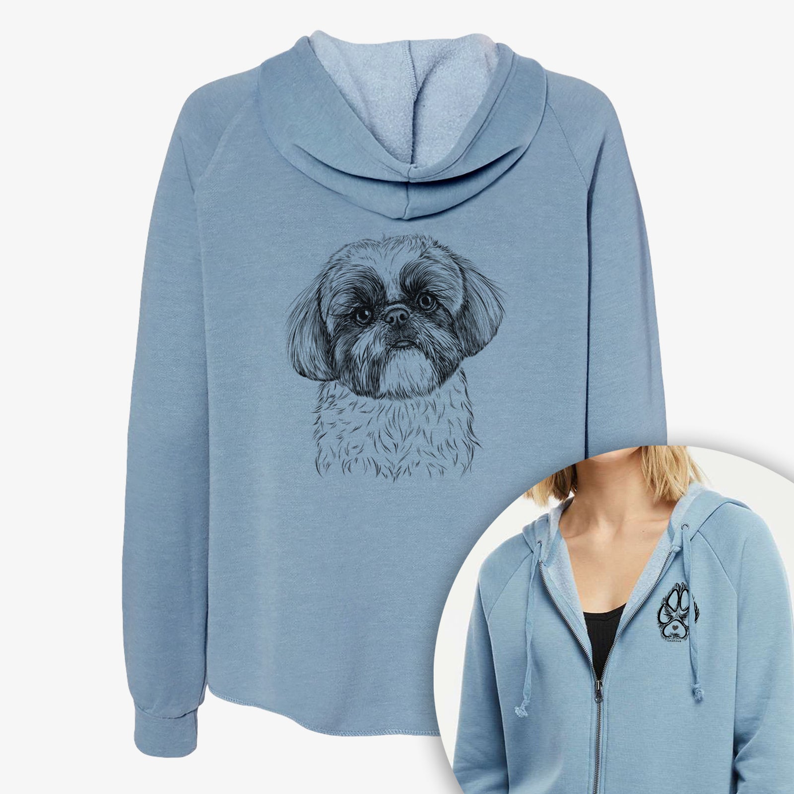Hand-drawn sketch of Simon the Shih Tzu on a Women's cali wave zip-up sweatshirt, shown with icons of the other available costume styles