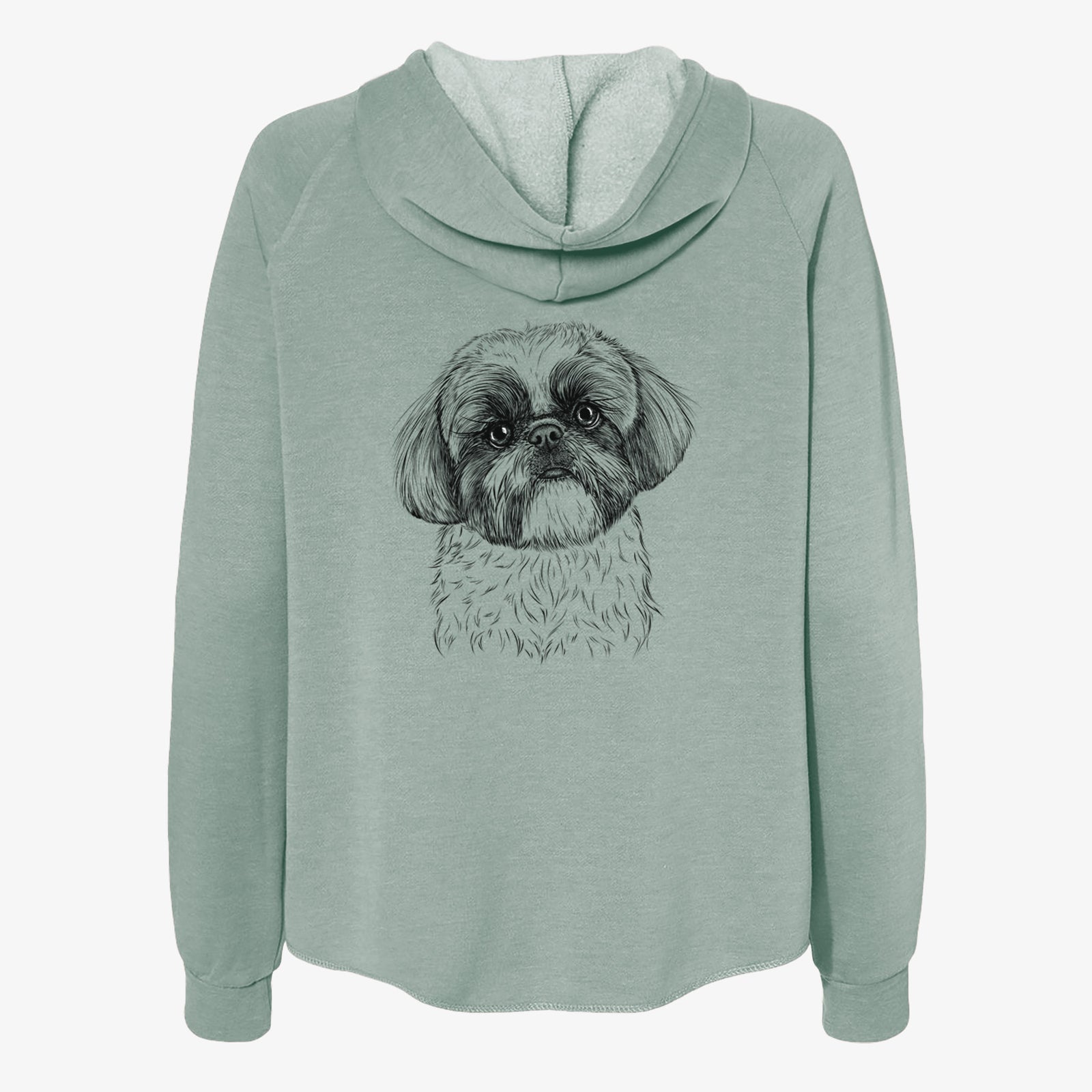 Hand-drawn sketch of Simon the Shih Tzu on a Sage Women's cali wave zip-up sweatshirt