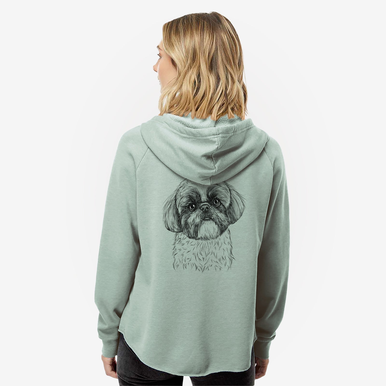 Hand-drawn sketch of Simon the Shih Tzu on a Sage Women's cali wave zip-up sweatshirt