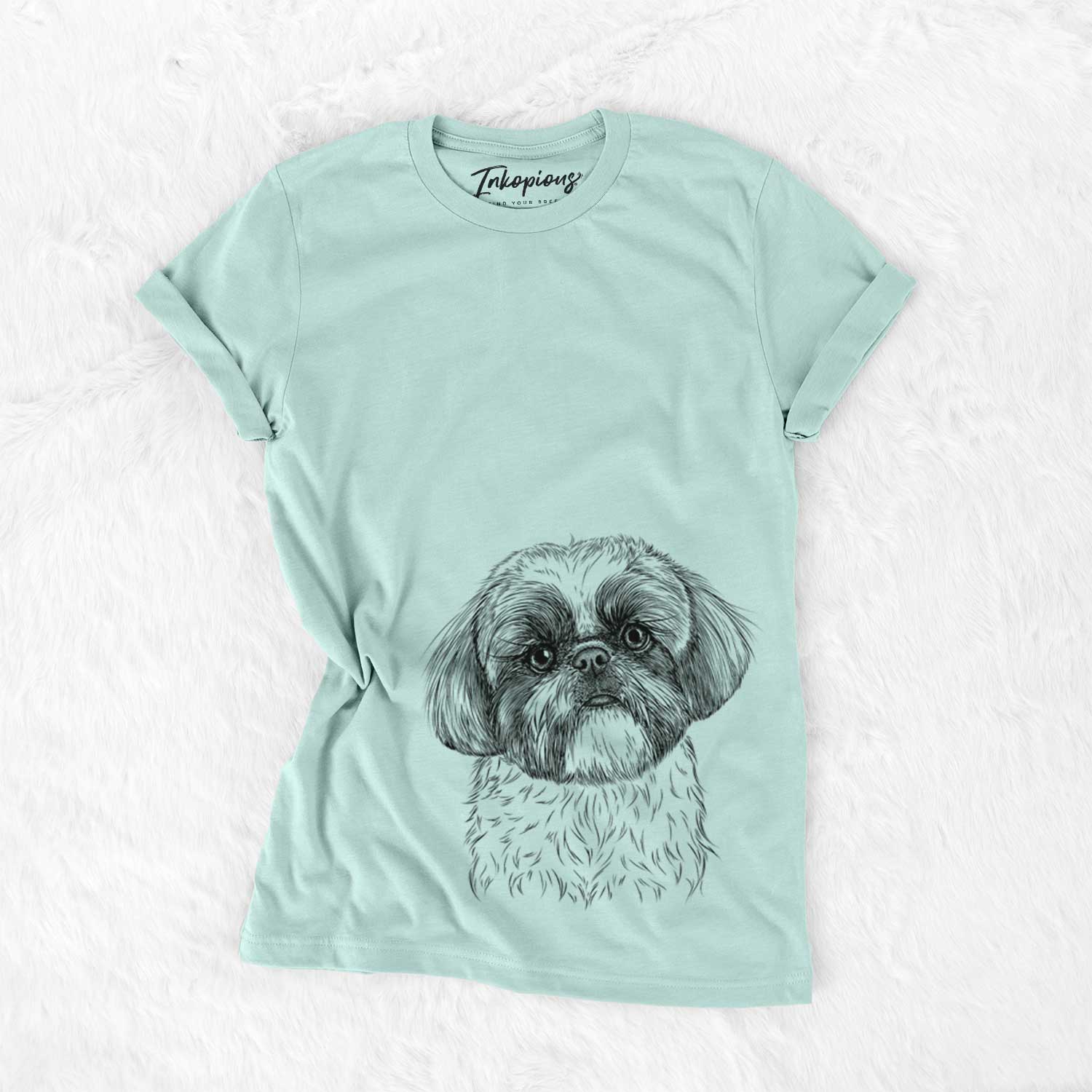 Hand-drawn sketch of Simon the Shih Tzu on a Heather Sage Bella Canvas Unisex Crewneck