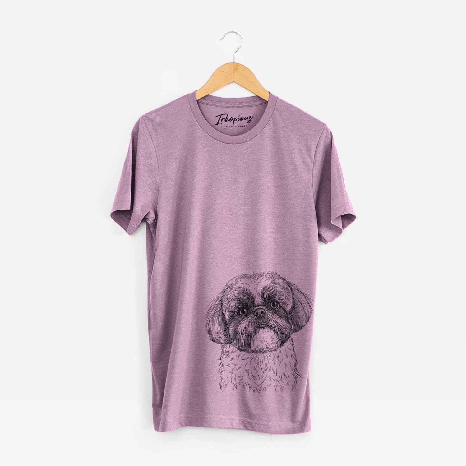 Hand-drawn sketch of Simon the Shih Tzu on an Orchid Bella Canvas Unisex Crewneck
