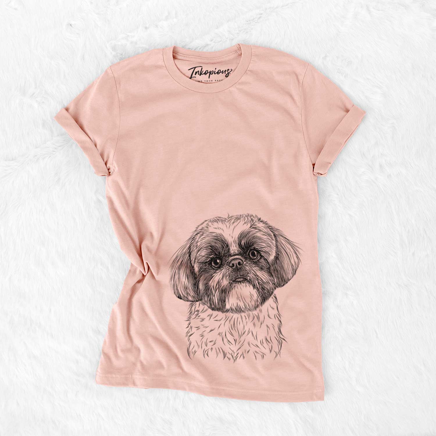 Hand-drawn sketch of Simon the Shih Tzu on a Peach Bella Canvas Unisex Crewneck