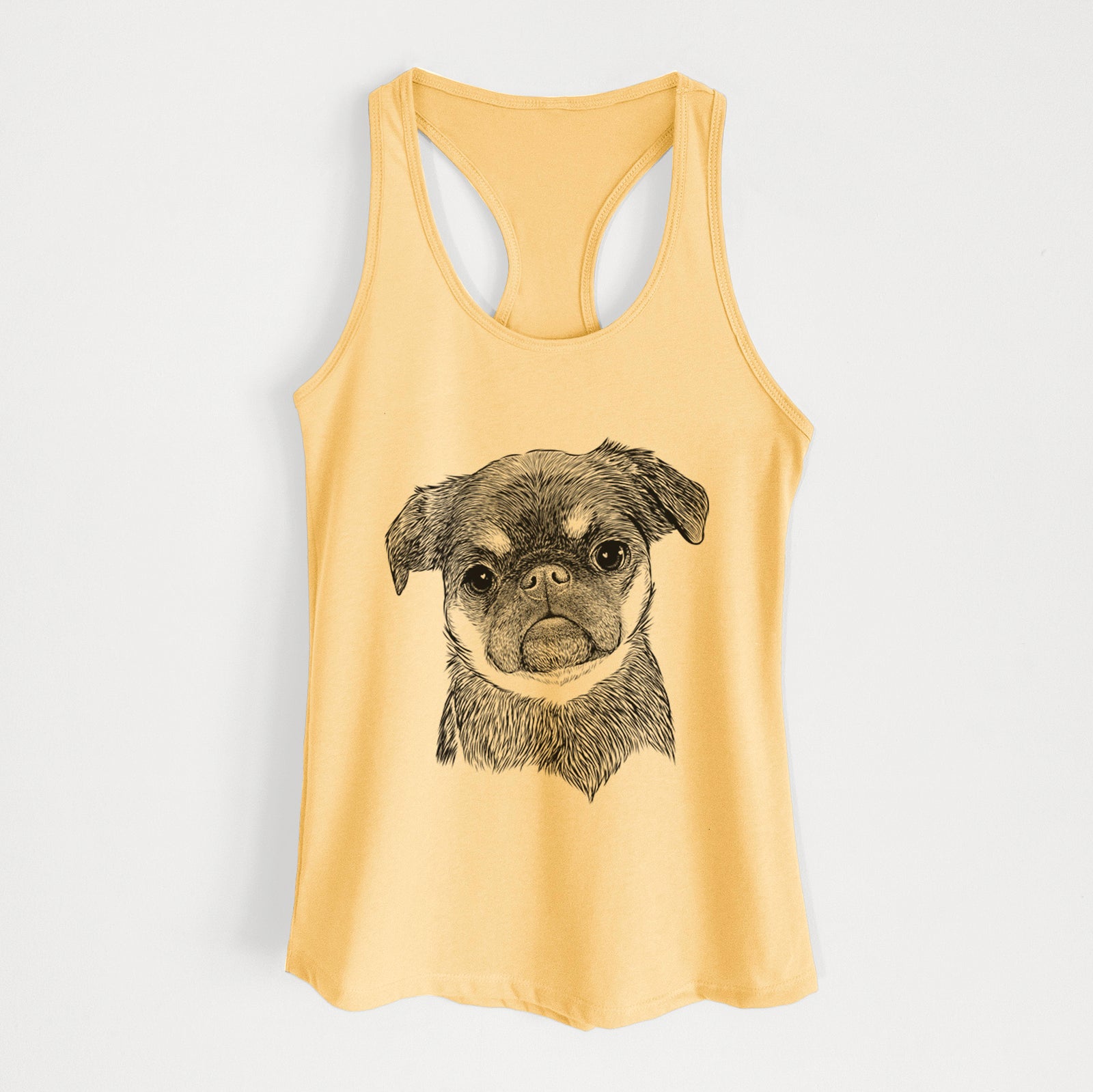 Hand-drawn sketch of Simone the Brussels Griffon on a Banana Cream Women's racerback tanktop