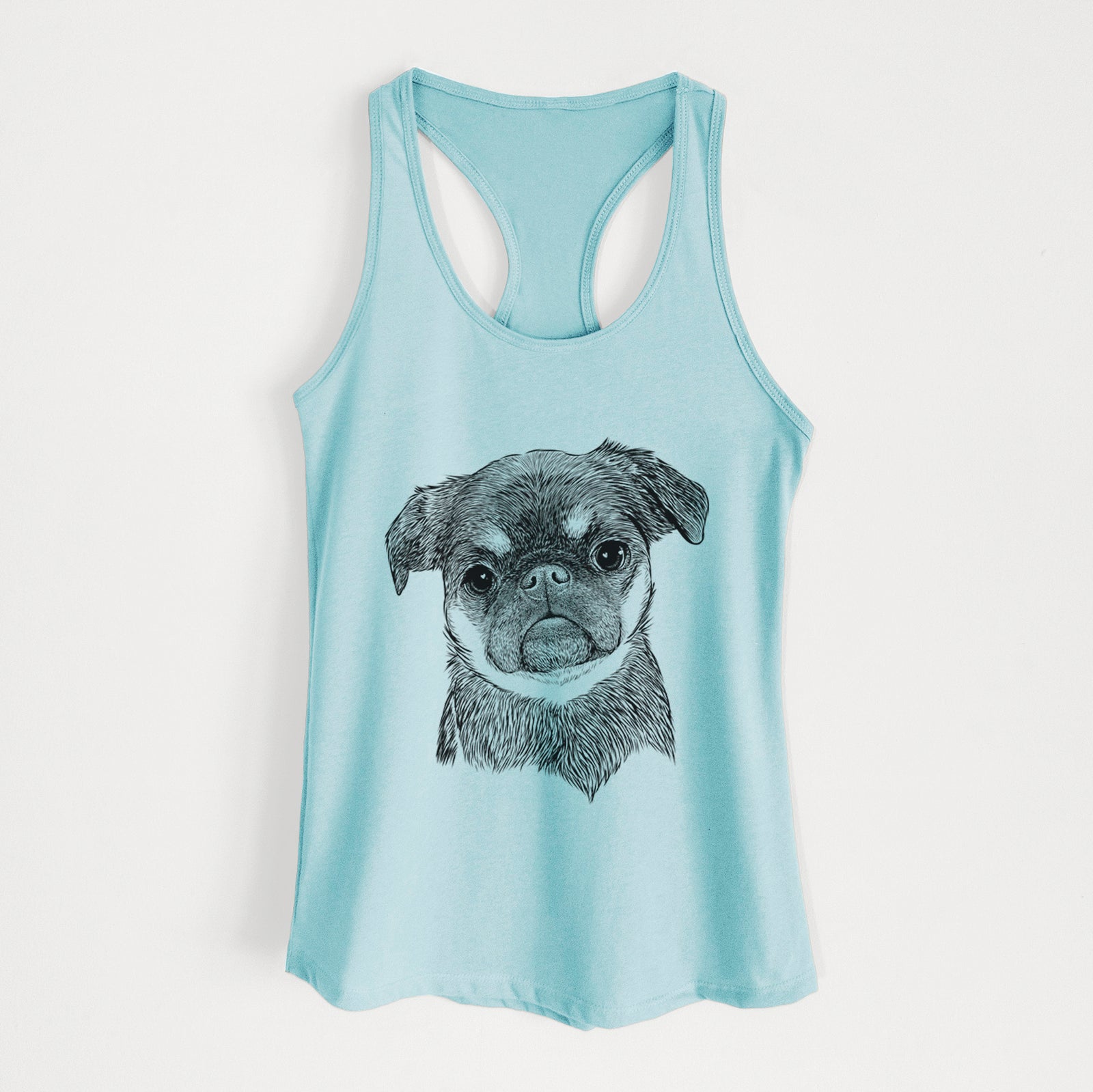 Hand-drawn sketch of Simone the Brussels Griffon on a Cancun Blue Women's racerback tanktop