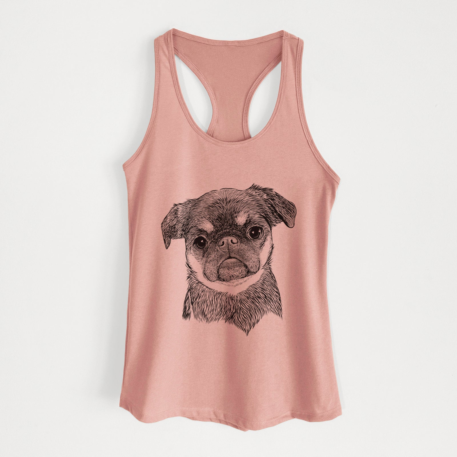 Hand-drawn sketch of Simone the Brussels Griffon on a Desert Pink Women's racerback tanktop