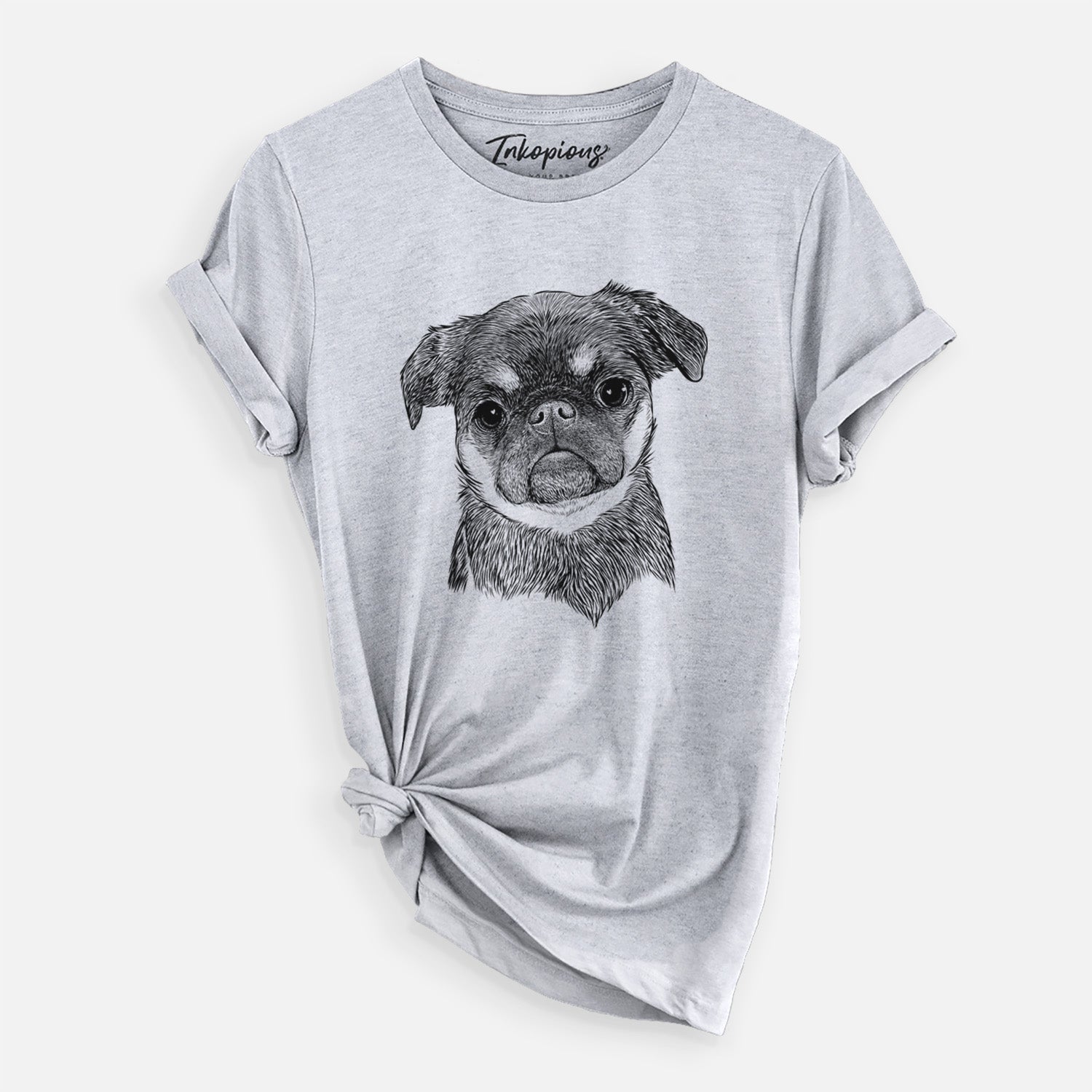 Hand-drawn sketch of Simone the Brussels Griffon on a Grey Unisex crewneck