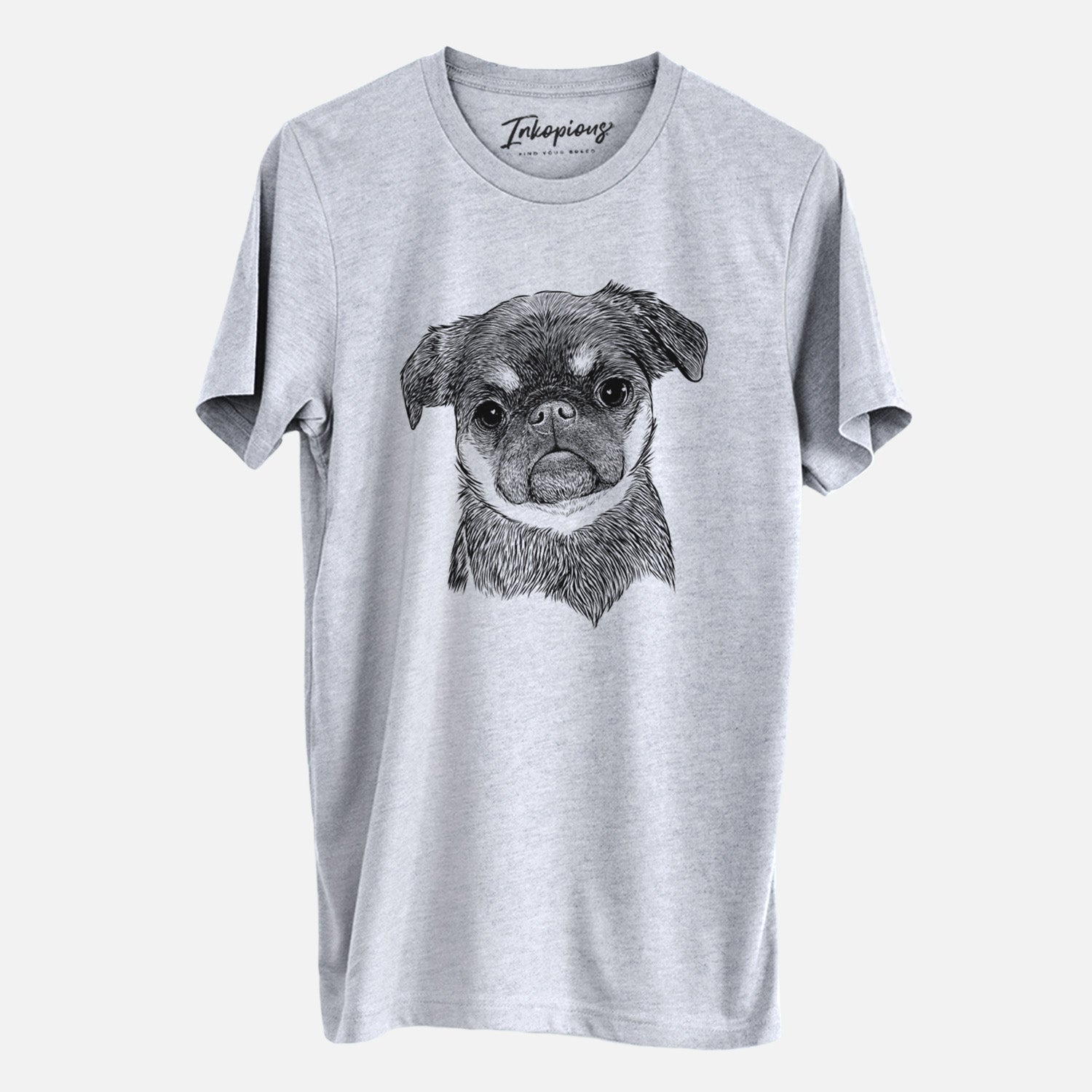 Hand-drawn sketch of Simone the Brussels Griffon on a Grey Unisex crewneck