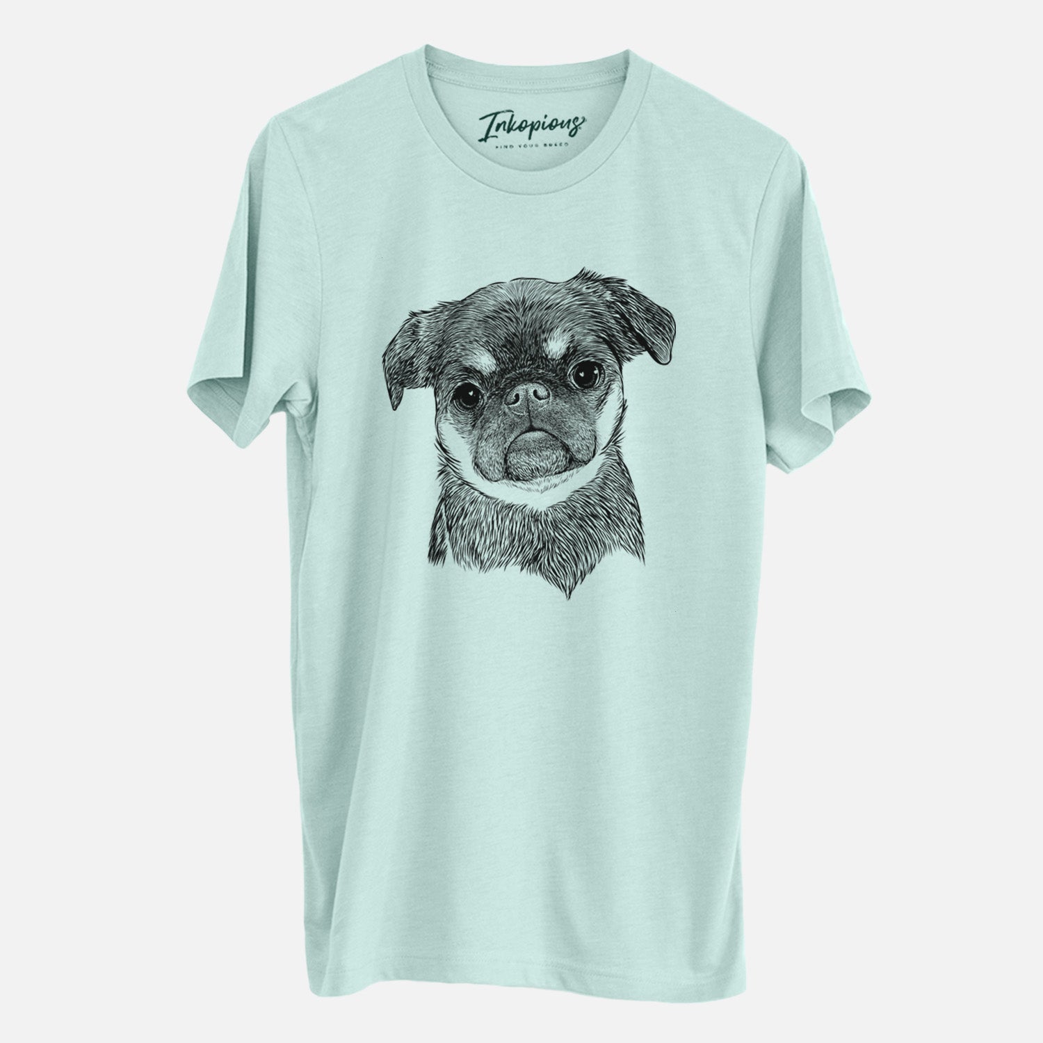 Hand-drawn sketch of Simone the Brussels Griffon on a Heather Sage Unisex crewneck