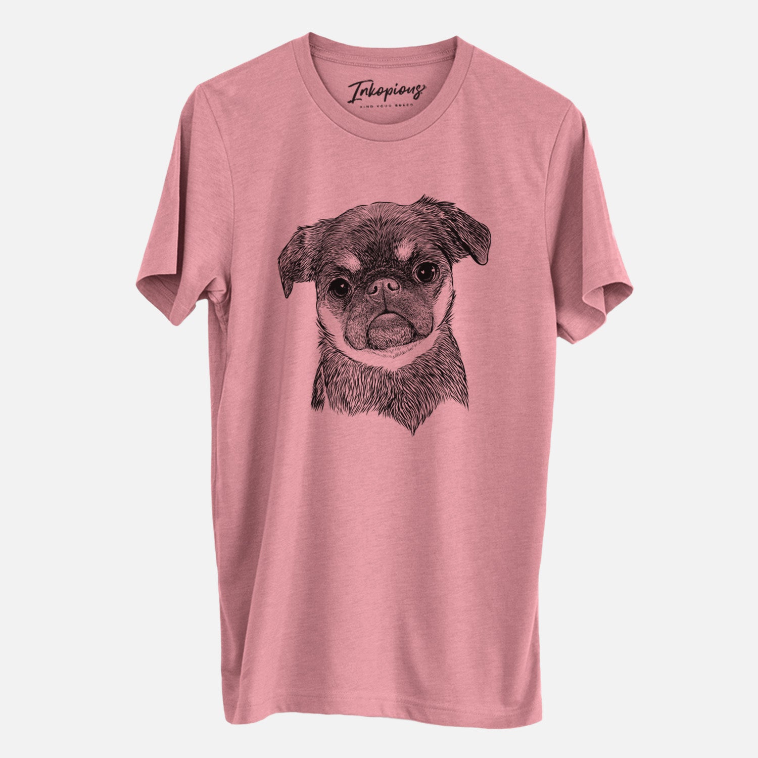 Hand-drawn sketch of Simone the Brussels Griffon on a Mauve Unisex crewneck