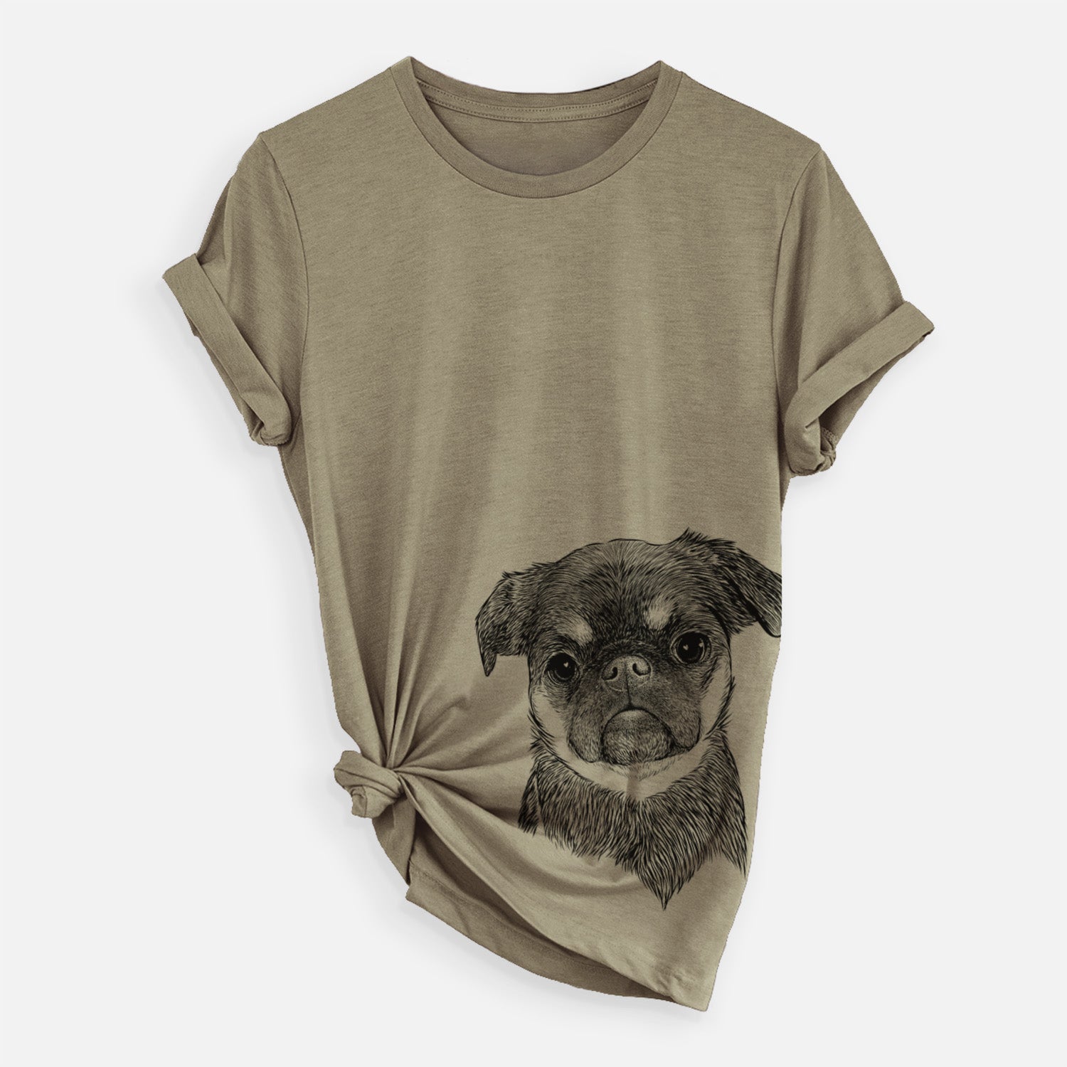 Hand-drawn sketch of Simone the Brussels Griffon on an Olive Unisex crewneck