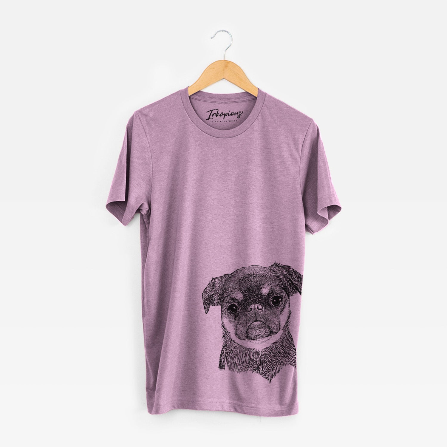 Hand-drawn sketch of Simone the Brussels Griffon on an Orchid Unisex crewneck