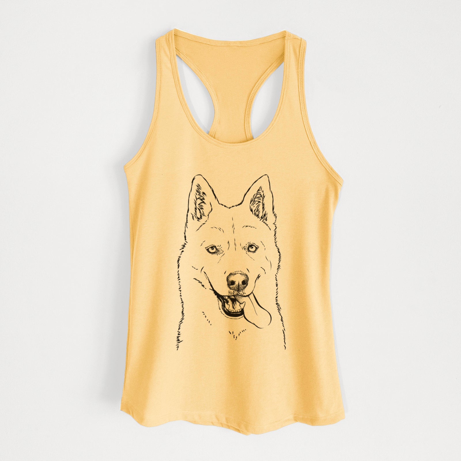 Hand-drawn sketch of Sinatra the Siberian Husky on a Banana Cream Women's racerback tanktop