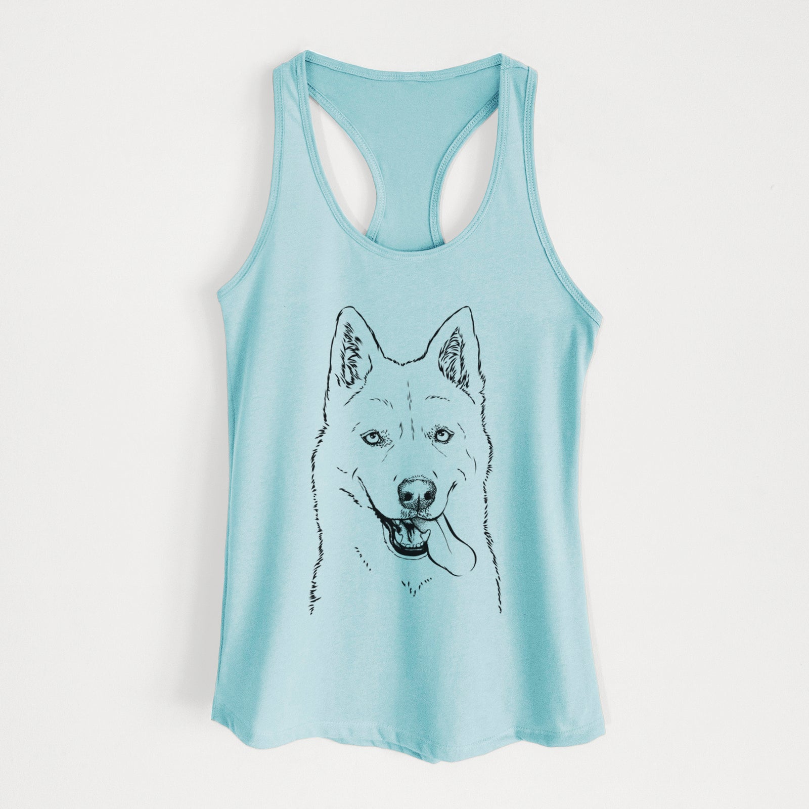 Hand-drawn sketch of Sinatra the Siberian Husky on a Cancun Blue Women's racerback tanktop