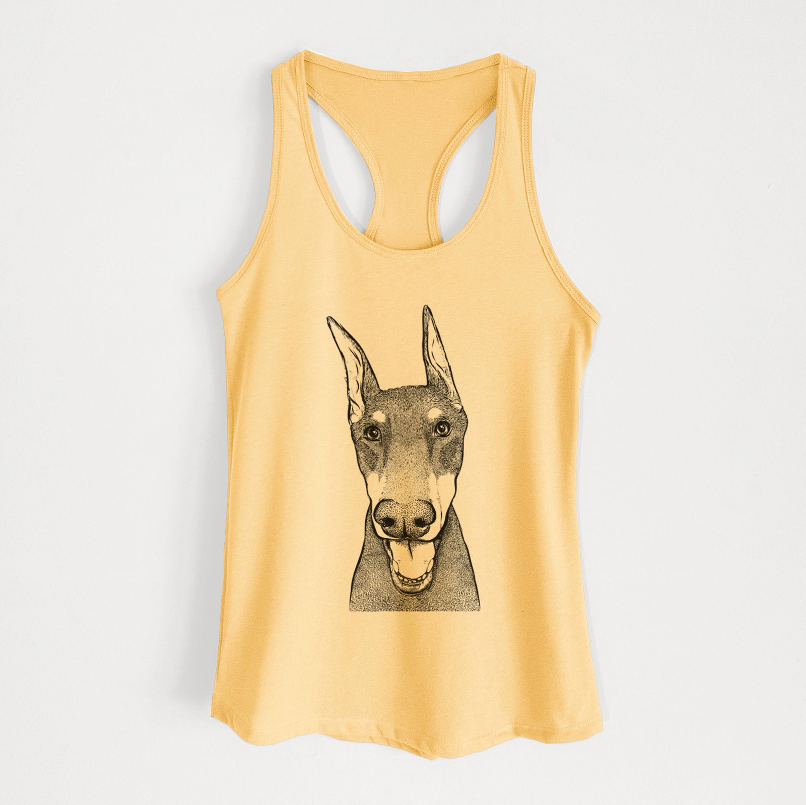 Hand-drawn sketch of Sir Duke the Doberman Pinscher on a Banana Cream Women's racerback tanktop