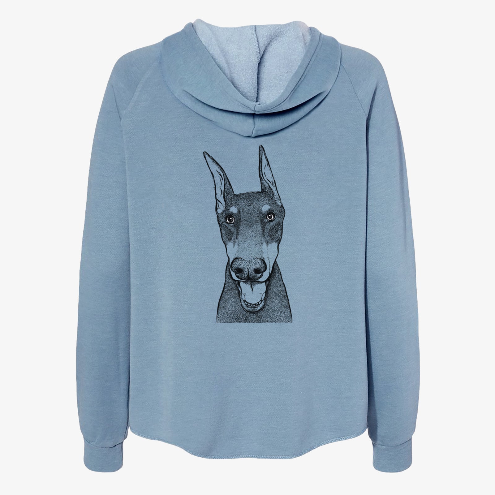 Hand-drawn sketch of Sir Duke the Doberman Pinscher on a Misty Blue Women's cali wave zip-up sweatshirt