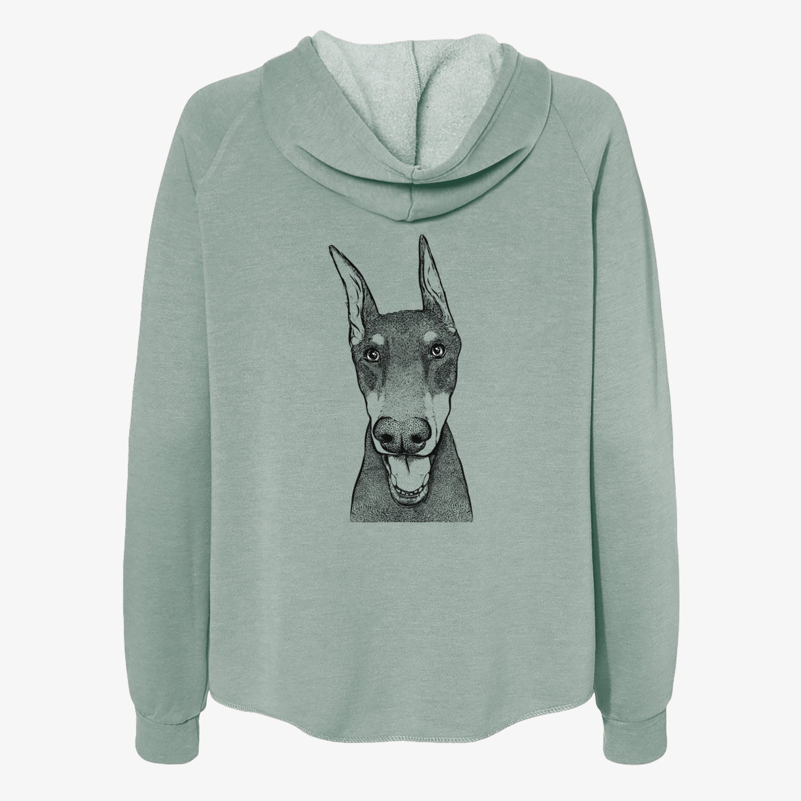 Hand-drawn sketch of Sir Duke the Doberman Pinscher on a Sage Women's cali wave zip-up sweatshirt