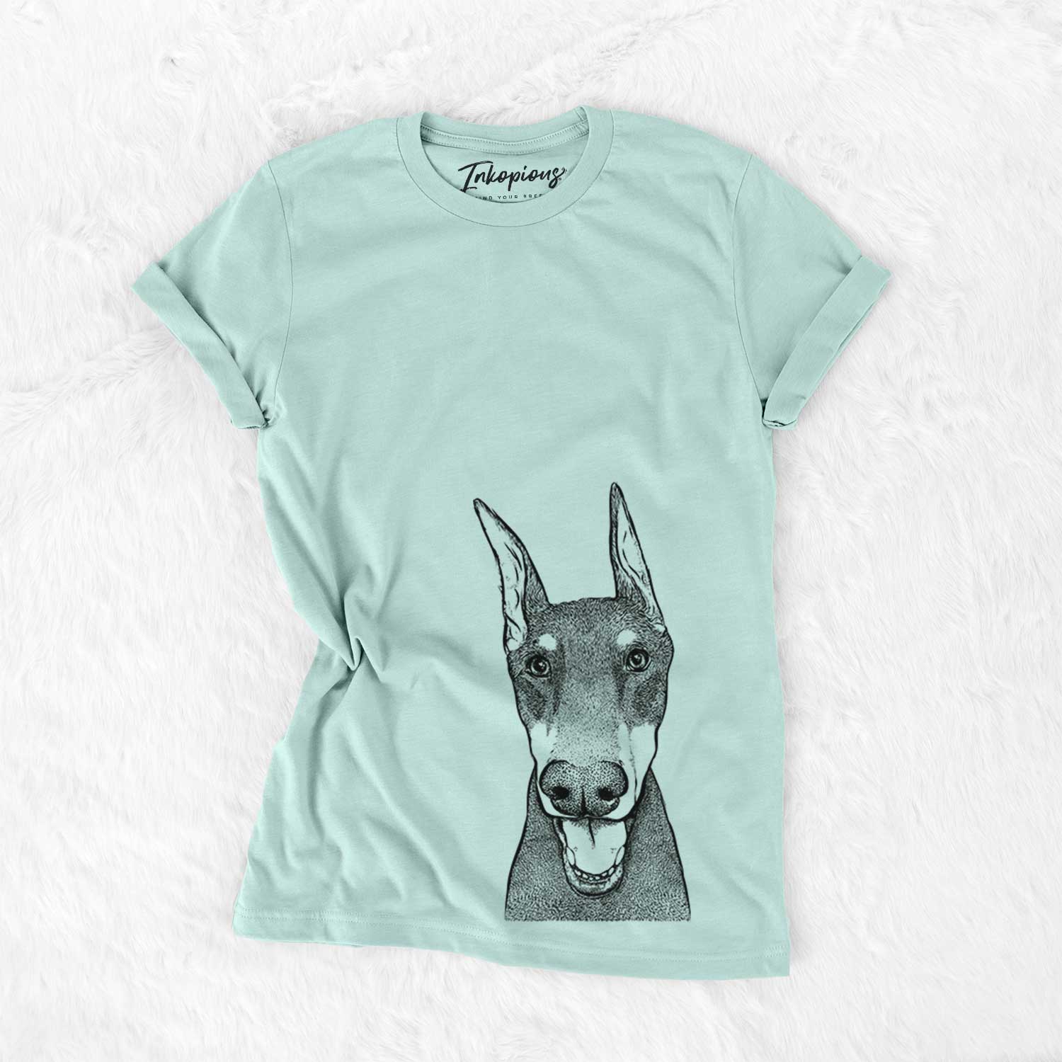 Hand-drawn sketch of Sir Duke the Doberman Pinscher on a Heather Sage Bella Canvas Unisex Crewneck