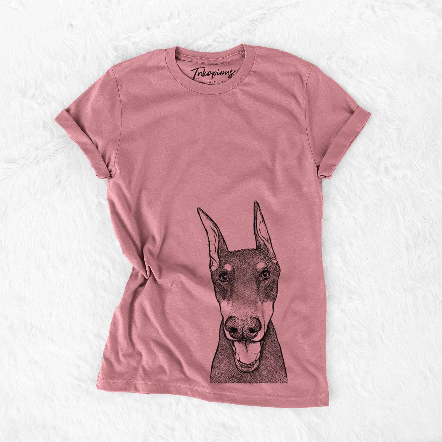 Hand-drawn sketch of Sir Duke the Doberman Pinscher on a Mauve Bella Canvas Unisex Crewneck