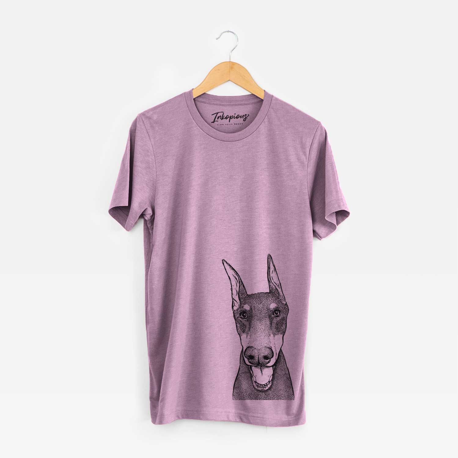 Hand-drawn sketch of Sir Duke the Doberman Pinscher on an Orchid Bella Canvas Unisex Crewneck