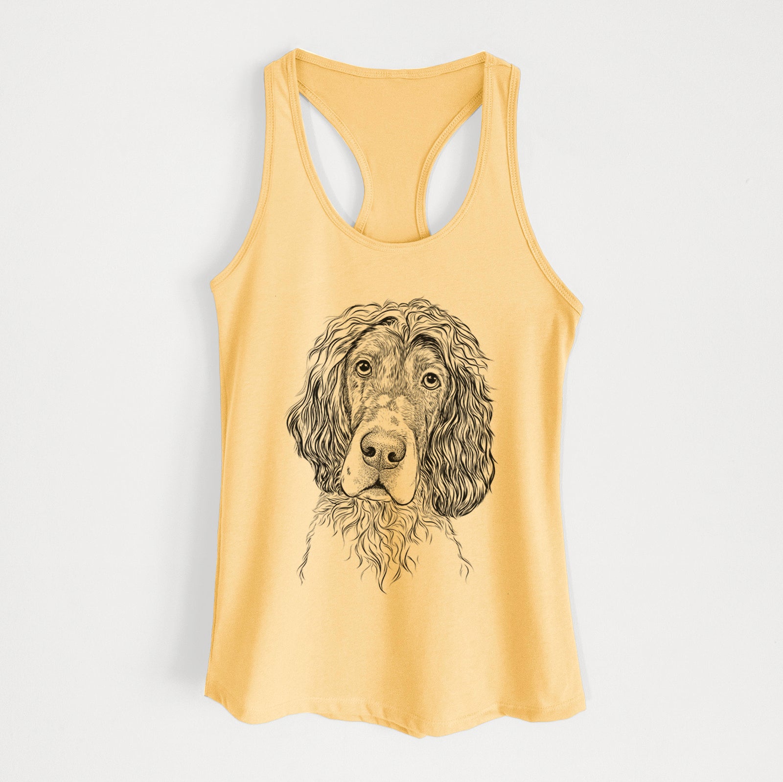 Hand-drawn sketch of Sir Rexford the Blue Belton English Setter on a Banana Cream Women's racerback tanktop