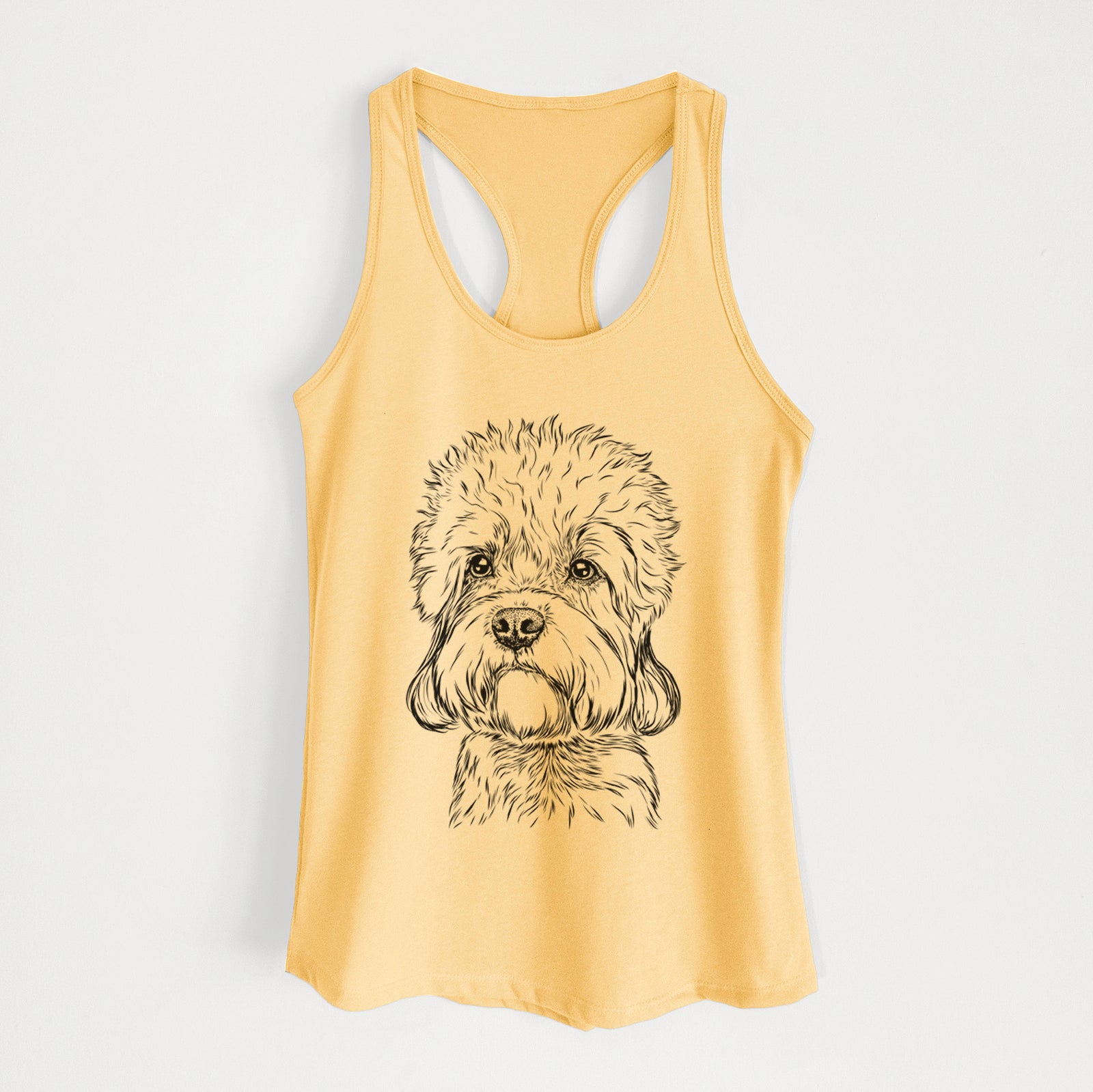 Hand-drawn sketch of Sir Walter the Dandie Dinmont Terrier on a Banana Cream Women's racerback tanktop