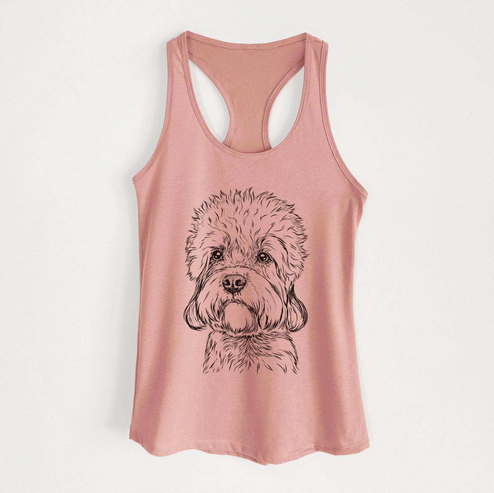 Hand-drawn sketch of Sir Walter the Dandie Dinmont Terrier on a Desert Pink Women's racerback tanktop