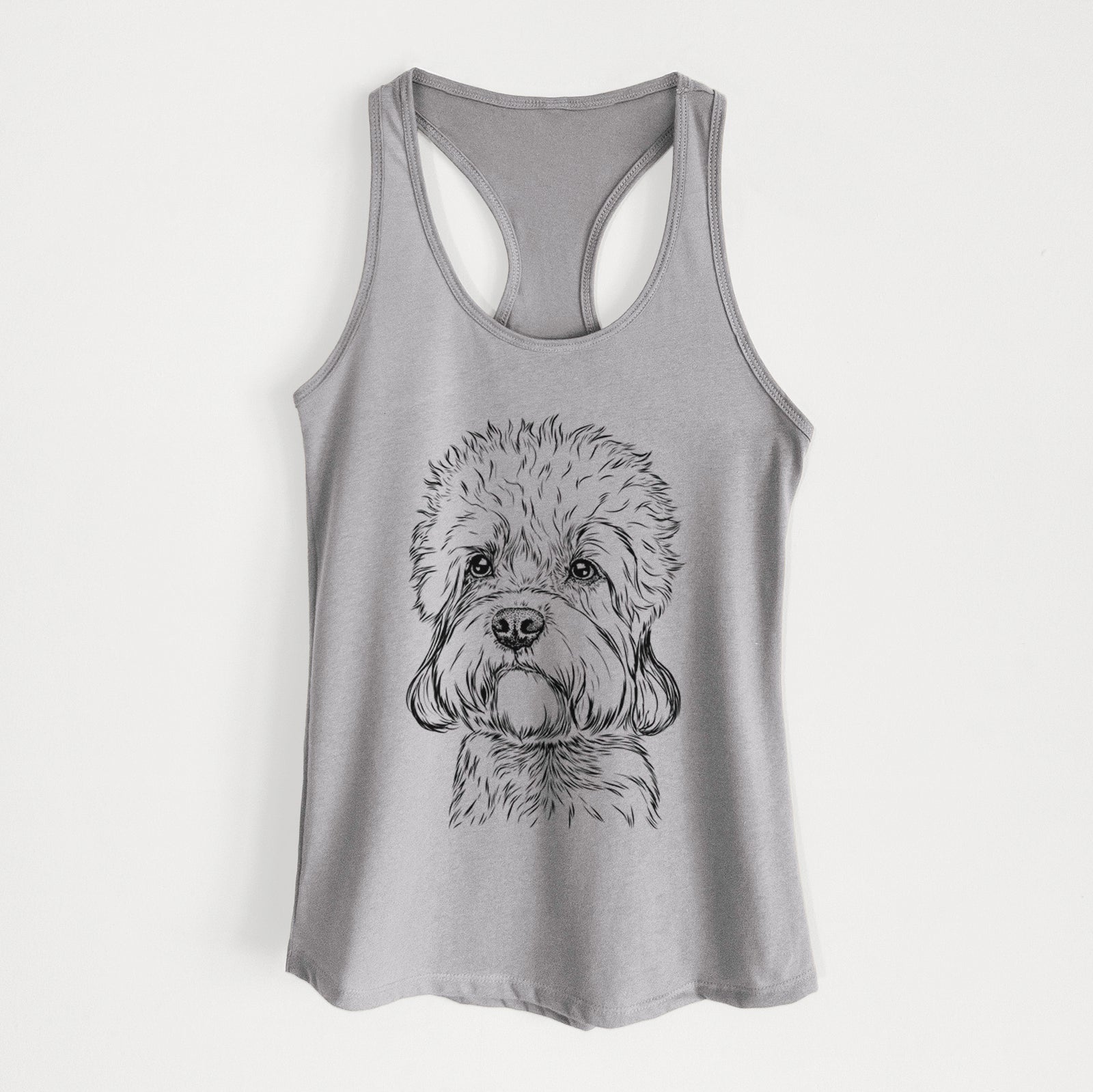 Hand-drawn sketch of Sir Walter the Dandie Dinmont Terrier on a Heather Grey Women's racerback tanktop