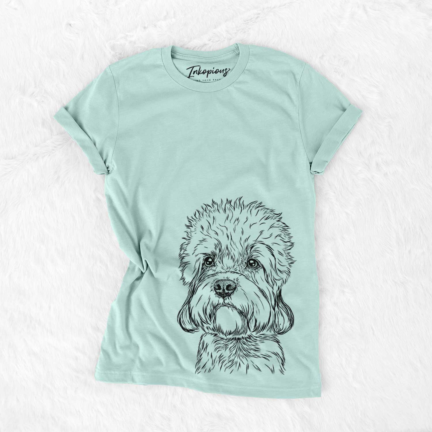Hand-drawn sketch of Sir Walter Dandie the Dandie Dinmont Terrier on a Heather Sage Bella Canvas Unisex Crewneck