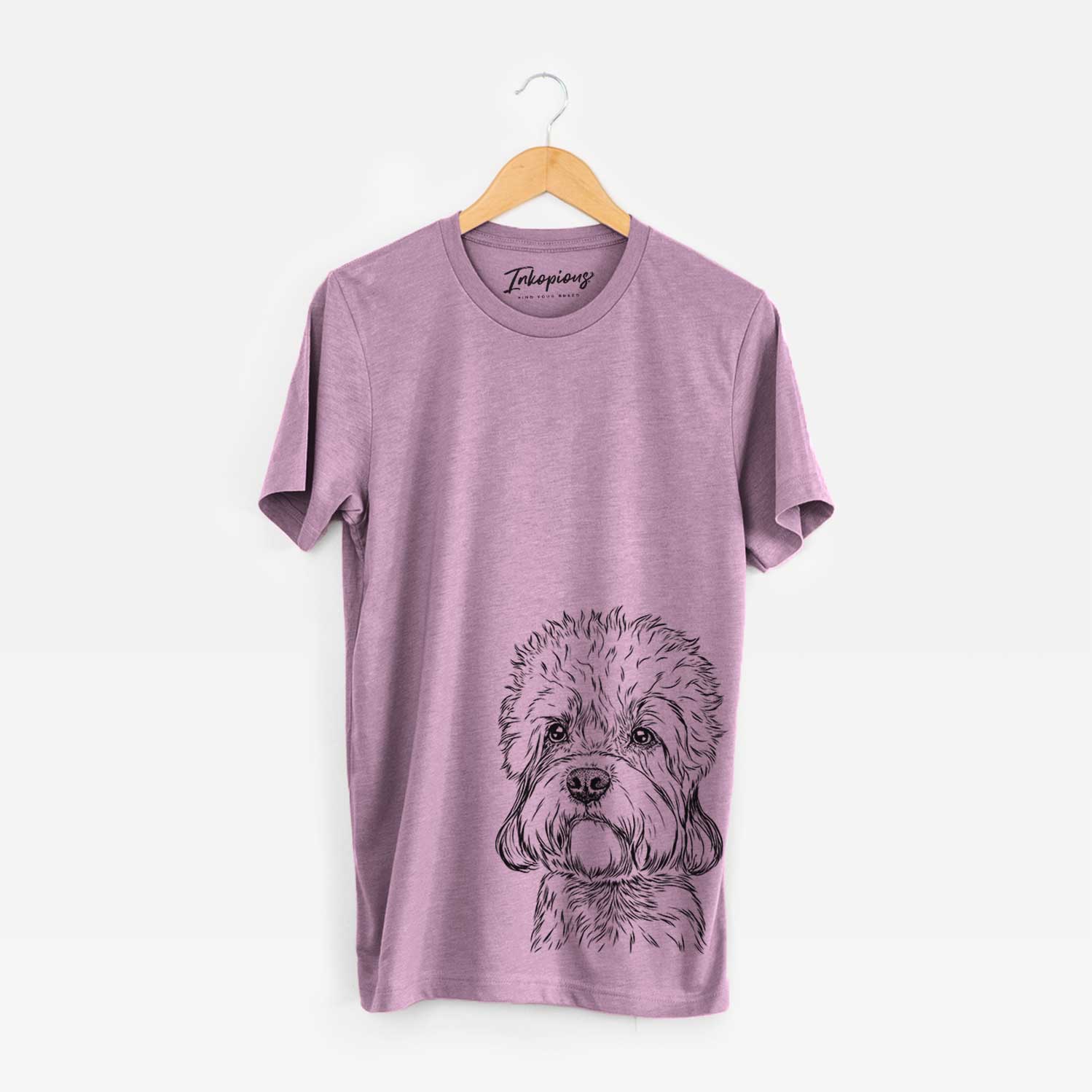 Hand-drawn sketch of Sir Walter Dandie the Dandie Dinmont Terrier on an Orchid Bella Canvas Unisex Crewneck