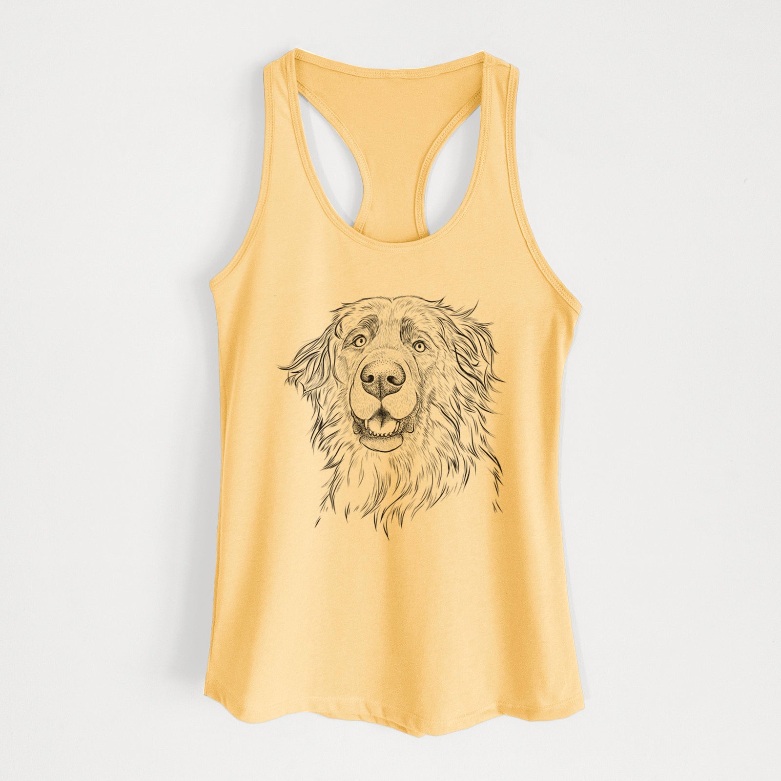 Hand-drawn sketch of Siri the Leonberger on a Banana Cream Women's racerback tanktop