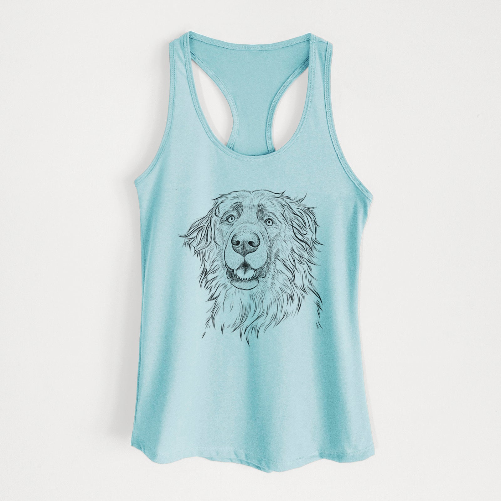 Hand-drawn sketch of Siri the Leonberger on a Cancun Blue Women's racerback tanktop