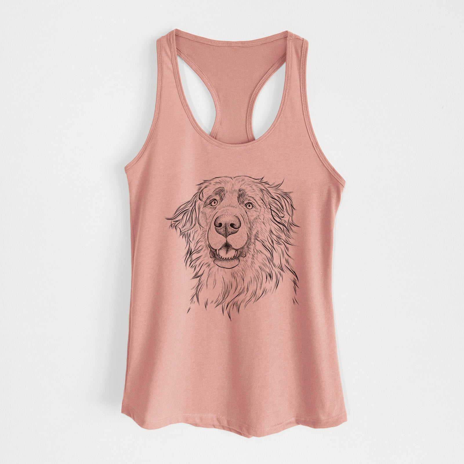 Hand-drawn sketch of Siri the Leonberger on a Desert Pink Women's racerback tanktop